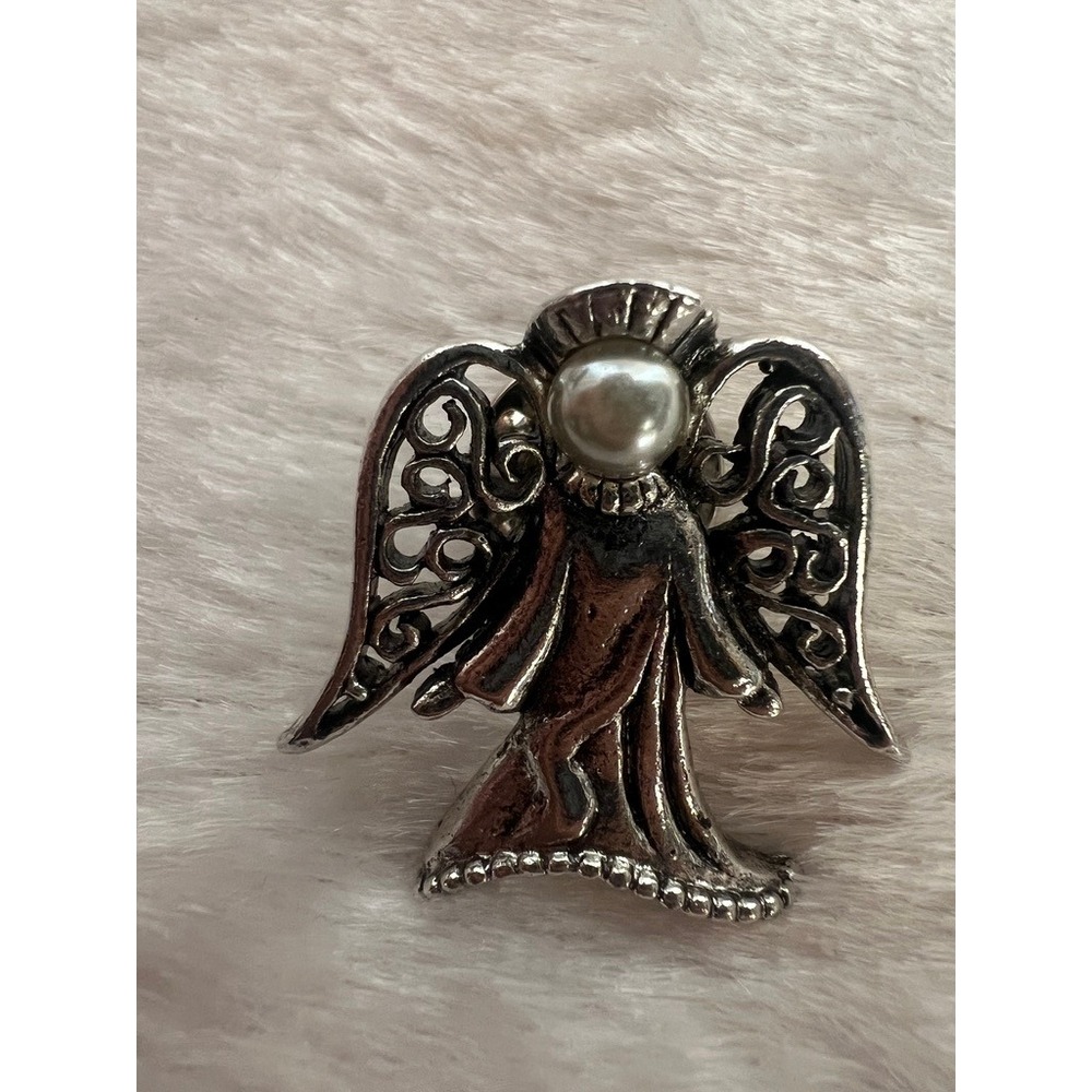 Camco Angel Pin Silver Faux Pearl Filigree Wing Vintage Brooch Angelic Celestial